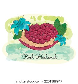 Sketch of an open pomegranate and leaves Rosh Hashanah Vector