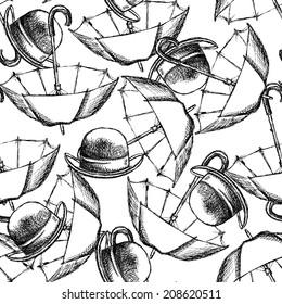 Sketch open umbrella and hat in vintage style