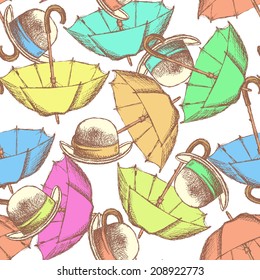 Sketch open umbrella and hat in vintage style