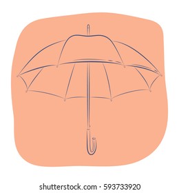 Sketch an open umbrella on an orange background. Contour object. Vector illustration in hand drawing style for your design. EPS10 format.