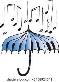 Sketch, an open umbrella in the rain with musical notes. The concept of a musical melody of rain.