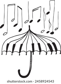 Sketch, an open umbrella in the rain with musical notes. The concept of a musical melody of rain.