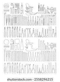 Sketch of oral hygiene products, dental equipment and instruments for dental treatment, collection