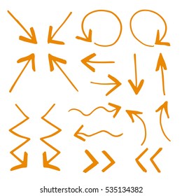 Sketch orange arrows. Hand drawn set. Vector illustration.