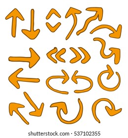 Sketch orange arrows. Hand drawn set. Vector illustration.
