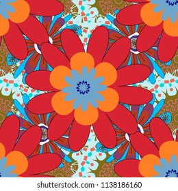 Sketch in orange, blue and pink colors. Seamless vector beautiful bright flowers for, postcard, flyer or wedding invitation, wallpaper, wrapping paper, background.