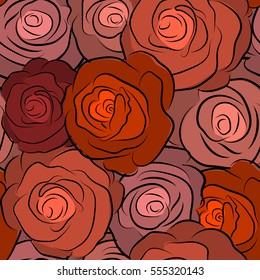 Sketch with orange, pink and red flowers. Hand drawn. Seamless rose pattern.