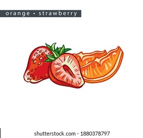 sketch oranges and strawberries: 
two slices and berries on a white background, 
isolated vector drawing