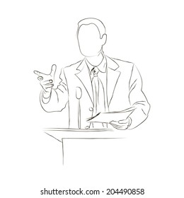 Sketch orator stands behind a podium with microphones. Doodles speaker makes a report to the public. Presentation and performance. news policy, politics, Rhetoric. Oratory, lecturer, business seminar.