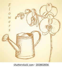 Sketch orchid and watering can, vector vintage background