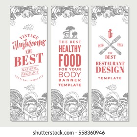 Sketch organic food vertical banners with different kinds of edible mushrooms vector illustration