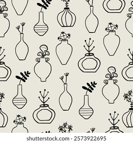 Sketch Organic Pottery Ceramic Botanical Vases Seamless Pattern. Various Handmade Decorative Vases Wallpaper. Vector Graphic Repeat Contemporary Background. Simple Surface Design for Print Art