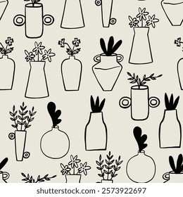 Sketch Organic Pottery Ceramic Minimalist Vases with Flower and Plant Seamless Pattern. Various Handmade Decorative Vases Wallpaper. Vector Graphic Repeat Contemporary Background