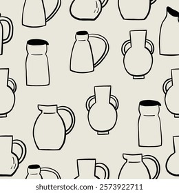 Sketch Organic Pottery Ceramic Minimalist Pitcher Seamless Pattern. Various Handmade Decorative Jug Wallpaper. Vector Graphic Repeat Contemporary Background. Simple Surface Design for Print Art