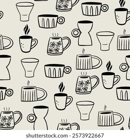 Sketch Organic Pottery Ceramic Mug Seamless Pattern. Various Handmade Decorative Cup Wallpaper. Vector Graphic Repeat Contemporary Background. Simple Surface Design for Print Art
