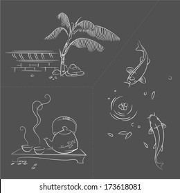 Sketch of Oriental garden life scene.  Vintage elegant style, smooth lines. Vector illustration. File is layered. 