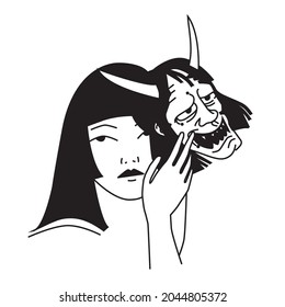 A sketch of an oriental girl with a mask. A simple illustration for a tattoo