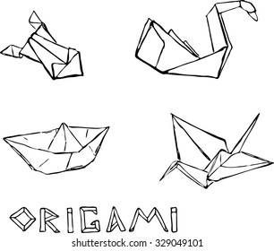 Sketch origami set with handdrawing lettering vector