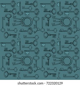 Sketch with ornament vintage forged keys isolated on gray background. Vector cartoon close-up illustration.