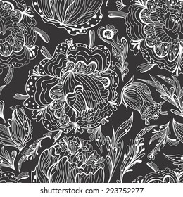 Sketch Ornamental Floral Pattern | Seamless tileable texture with outline sketch doodle flowers on black background