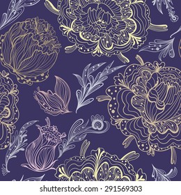 Sketch Ornamental Vector Floral Pattern | Expensive print with pastel colored flowers in outline technique on dark purple background, modern and romantic style