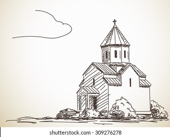 Sketch of Orthodox Church. Hand drawn illustration