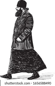 Sketch of orthodox priest striding down street