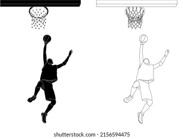 Sketch outline black and white silhouette of an athlete basketball player in a ball game. Basketball. Ring throw.