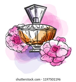 Sketch outline bottle of female perfume with flowers and colorful spots. Vector hand drawn illustration on white background