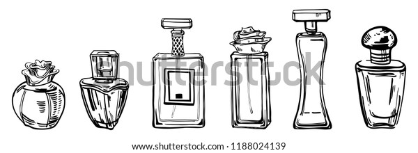 Sketch Outline Bottles Of Female Perfumes Vector Hand Drawn Illustration On White Background