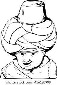 Sketch outline close up on smiling face of 18th century Arab or Turkish Muslim doll over white background