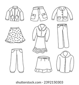 Sketch outline of clothing. Jacket, blouse, pants, trousers, skirt, shorts, dress. Outline signs of fashion apparel. 