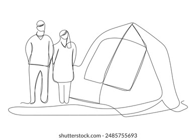 Sketch outline concept minimal travel camp picnic backpack drawing continuous line art. Camping hiking adventure concept hand drawn with white ioslated background. Abstract,vector,illustration.