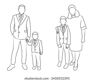 Sketch outline of father and mother with sons, isolated vector