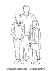 Sketch outline of father with son and daughter posing, isolated vector