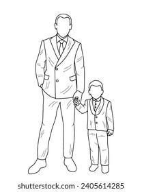 Sketch outline of father and son holding hands, isolated vector

