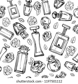 Sketch outline female perfumes bottles with flowers. Vector hand drawn black and white seamless pattern  on white background