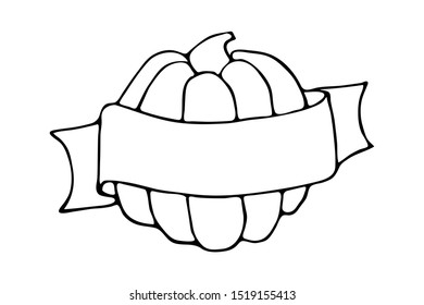 Sketch outline halloween pumpkin with ribbon around ripe vegetable fruit for coloring book. Vector illustration with copy space. Template for text about autumn sale.