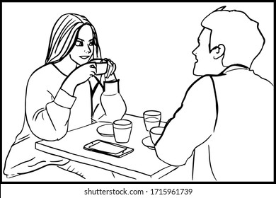 Sketch of outline man and woman sitting in cafe and talking