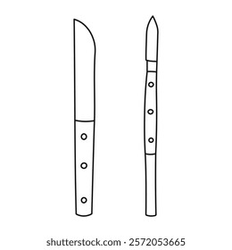 Sketch outline of a scalpel, knife silhouette, sketch of the silhouette of dentist tools. Concept of dentistry, orthodontics and medical instruments