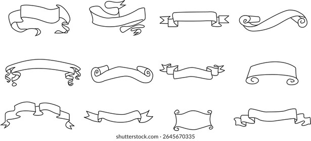 Sketch Outline Scroll Banners for Logo, Badge, Label, Invitation, Poster, Web Design,Hand Drawn Vintage Ribbon Banner Set