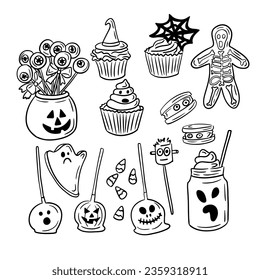 Esbozo de conjunto de caramelos y caramelos de Halloween. Elementos de doodle negros dibujados a mano plana sobre fondo blanco. Un diseño de Halloween espeluznante bueno para colorear páginas, pegatinas, tatuajes.