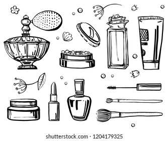 Sketch outline set with women accessories. Perfumes and cosmetics. Vector hand drawn illustration on white background