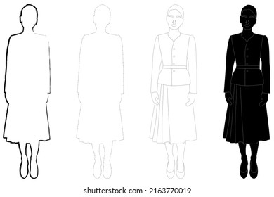 Sketch outline of the silhouette of a girl in a fashionable suit standing. Doodle black and white line drawing.