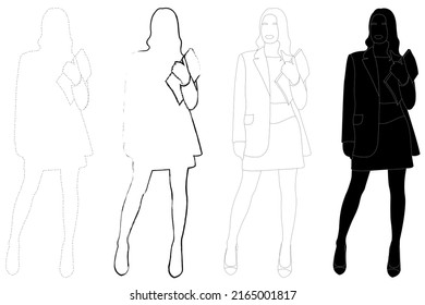 Sketch outline of the silhouette of a girl in a fashionable suit standing. Doodle black and white line drawing.