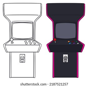 Sketch in outline style and complete version design of an arcade video game in flat style.