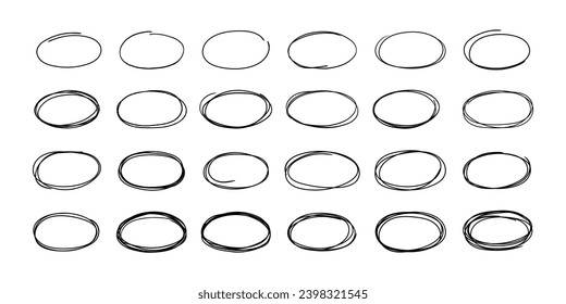 Sketch oval frame. Hand drawn round shape, doodle highlight notes. Grunge brush ellipse, pencil bubble speech. Selection important text frames, isolated vector set. Marking messages