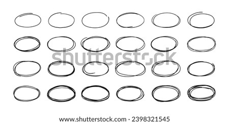 Sketch oval frame. Hand drawn round shape, doodle highlight notes. Grunge brush ellipse, pencil bubble speech. Selection important text frames, isolated vector set. Marking messages