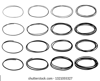 Sketch oval frames. Doodle ellipse, round hand drawn frame and circled doodles. Oval brush or highlighter handwritten circle shapes isolated vector symbols set