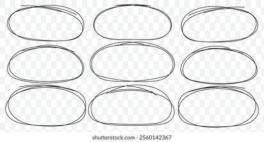 Sketch oval frames. Doodle ellipse, round hand drawn frame and circled doodles. Oval brush or highlighter handwritten circle shapes isolated vector symbols. eps 10.